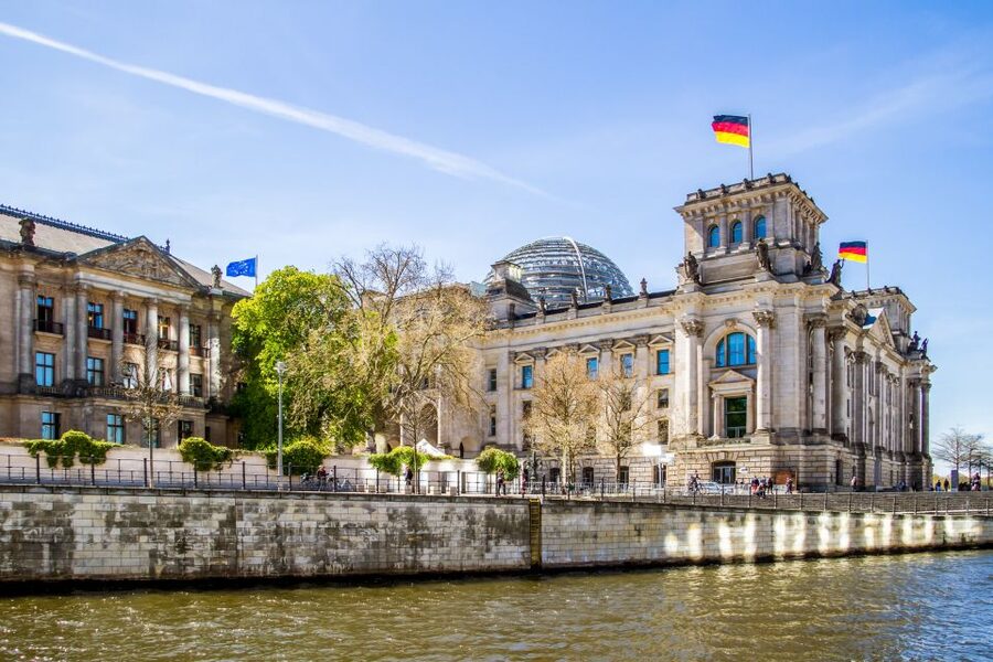 The Reichstag and the government quarter seen from the Spree in Berlin